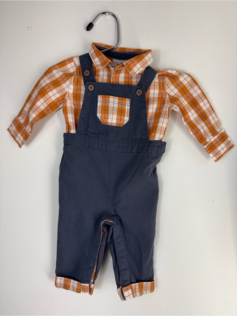 Tommy Bahama Orange Plaid Shirt with Navy Overalls Set